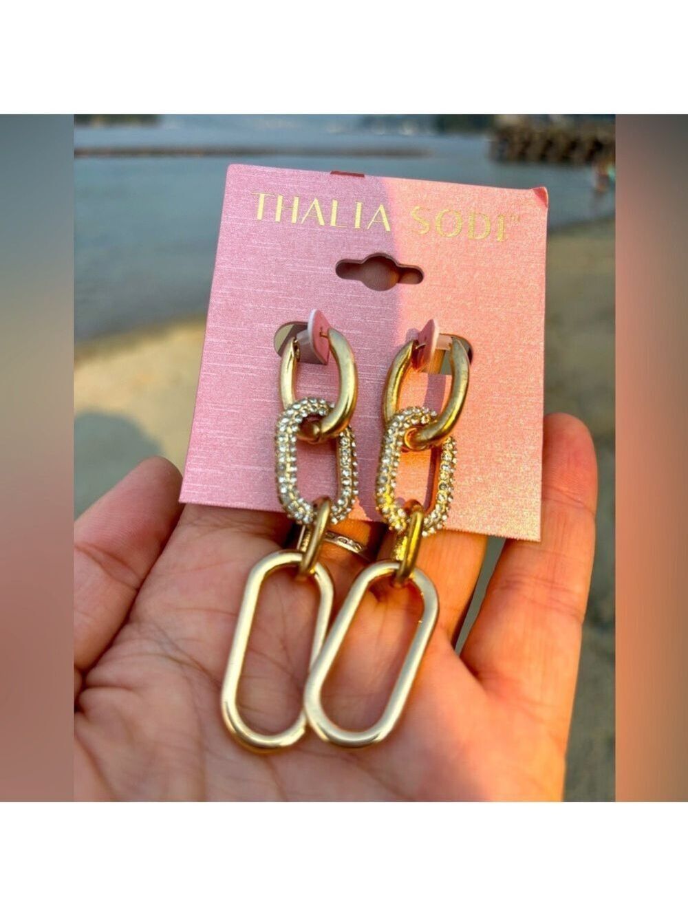 Thalia Sodi Gold-Tone Paperclip Chain Earrings w/ Rhinestone Pavé • Glam 3” Drop